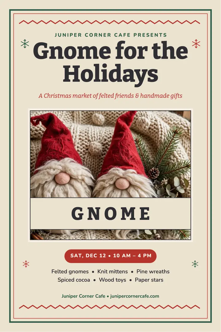 Juniper Corner gnome market poster template