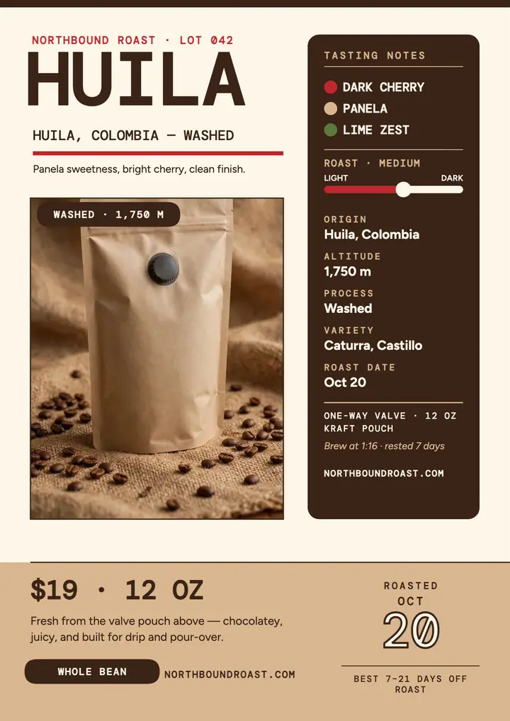 Northbound Roast Huila tasting flyer template