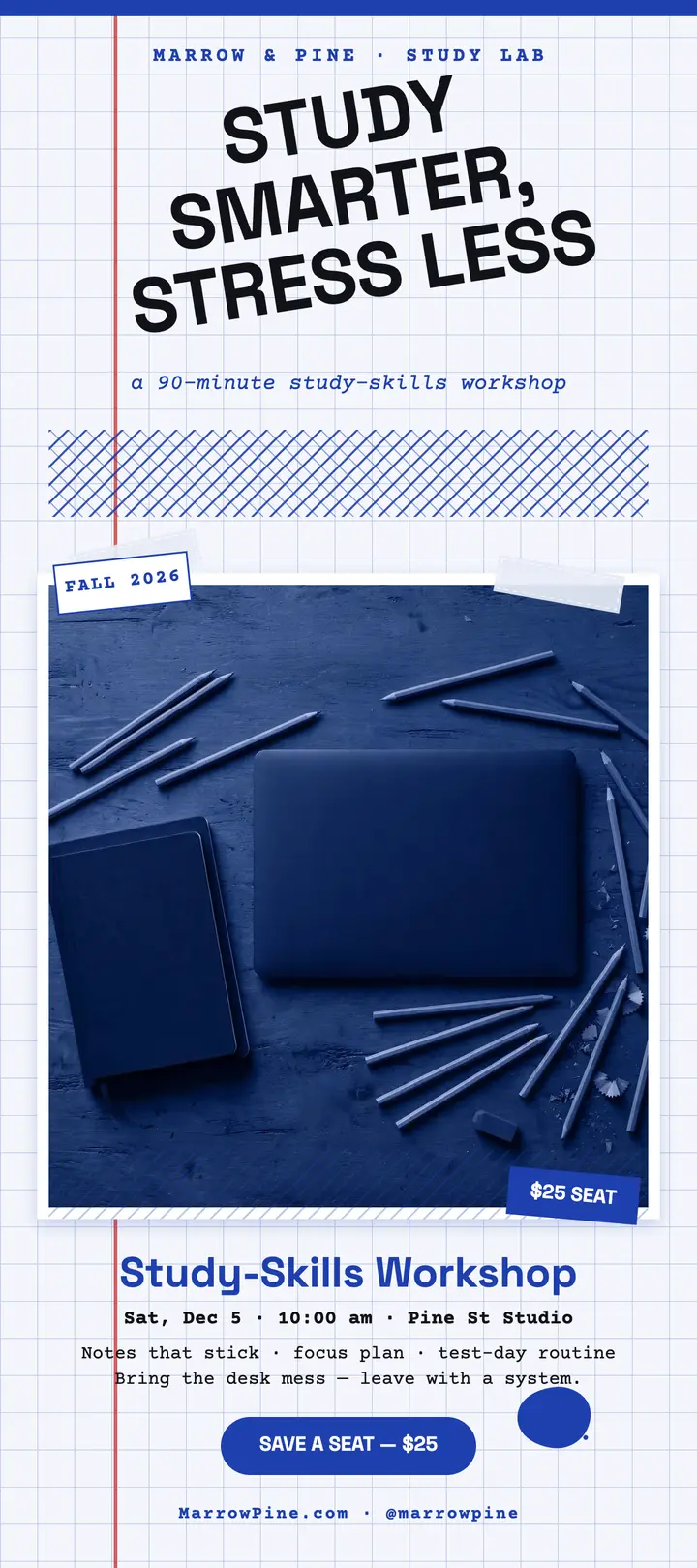 Marrow and Pine study workshop rack card template