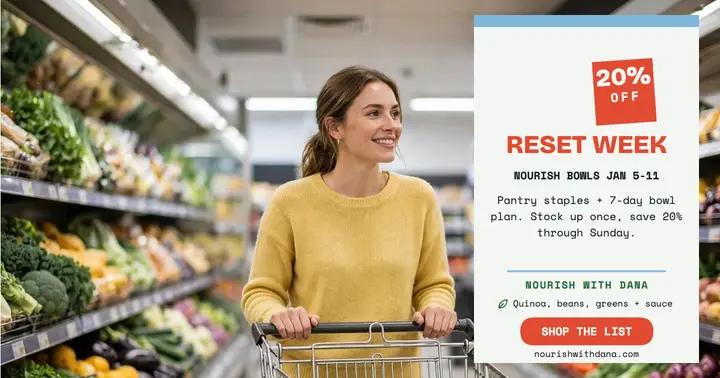Nourish with Dana reset week grocery post: grocery reset week post template
