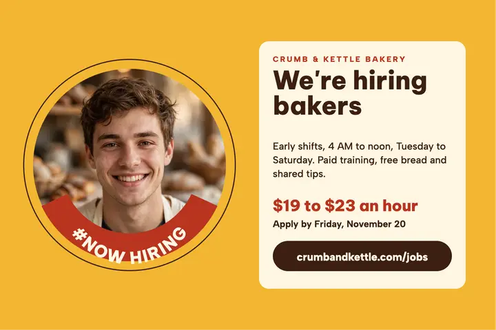 Now hiring bakers badge postcard template