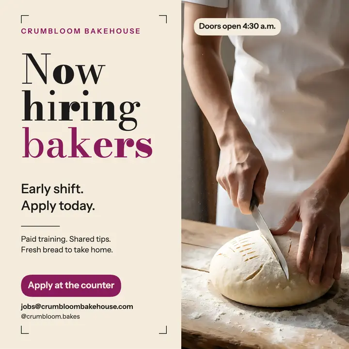 Crumbloom Bakehouse now hiring bakers post: bakery hiring post template