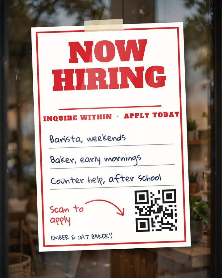 Ember & Oat Bakery now hiring window card: now hiring post template
