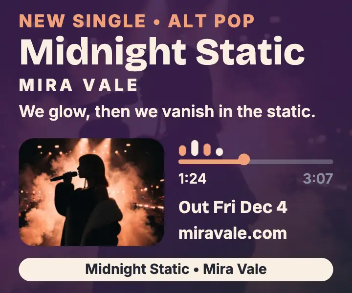 Mira Vale Midnight Static now-playing ad template