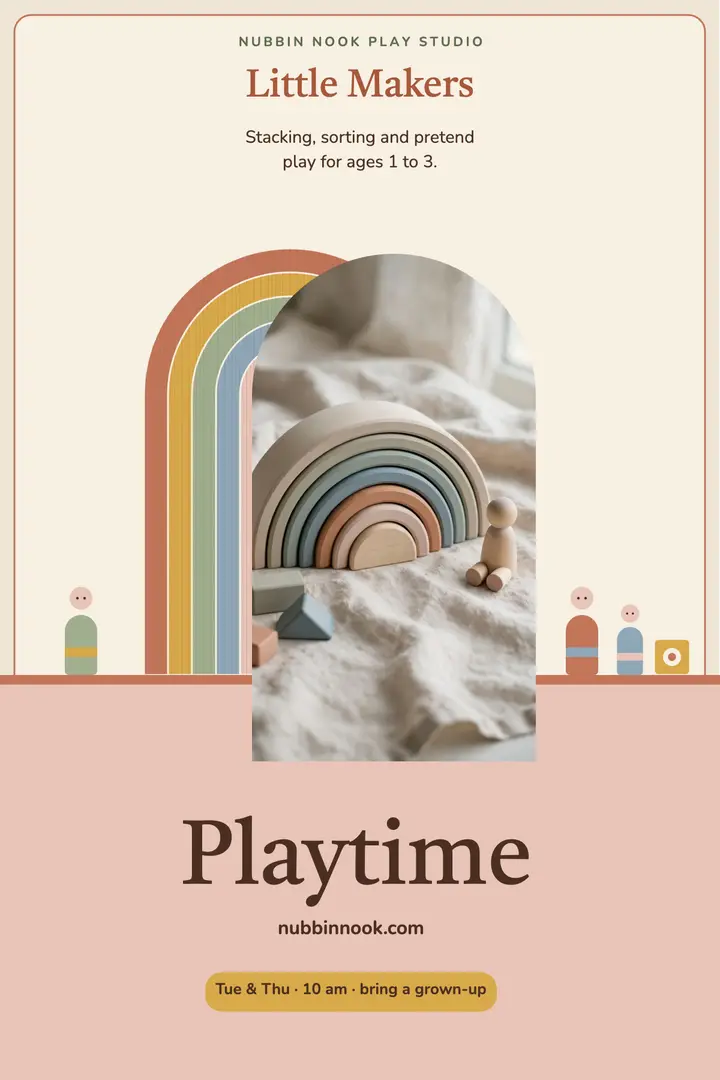 Nubbin Nook toddler play class poster, wooden toy rainbow template