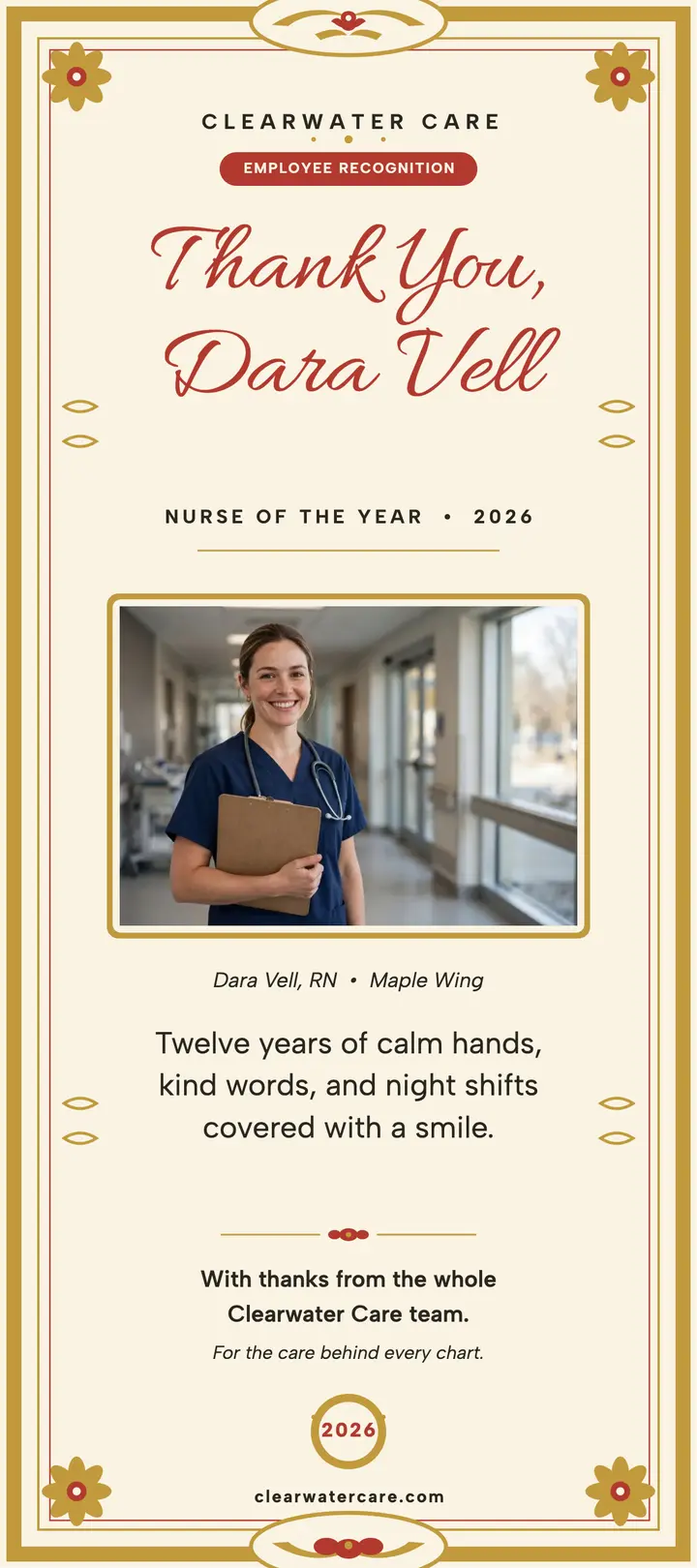 Clearwater Care nurse commendation card template
