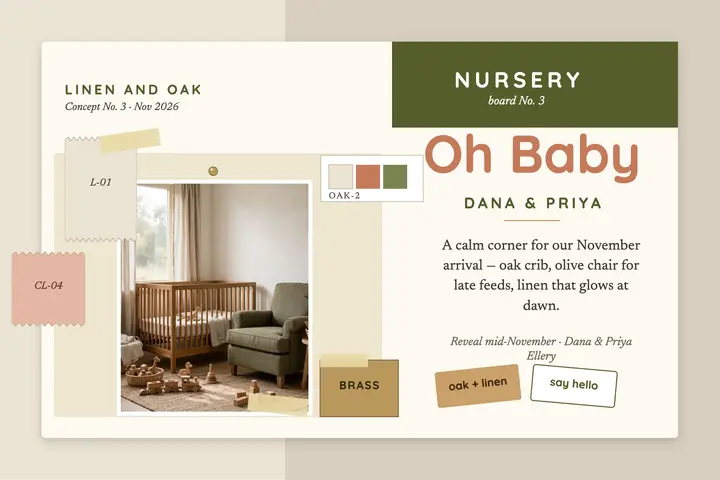 Ellery nursery linen and oak concept board template