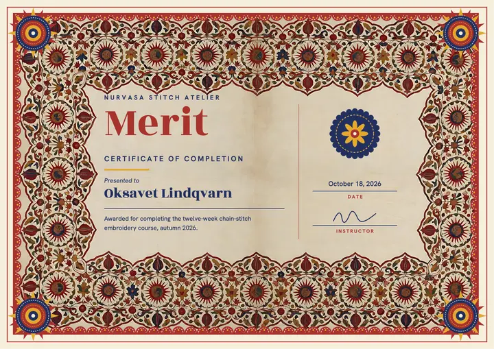 Merit certificate for an embroidery course, Suzani medallion template