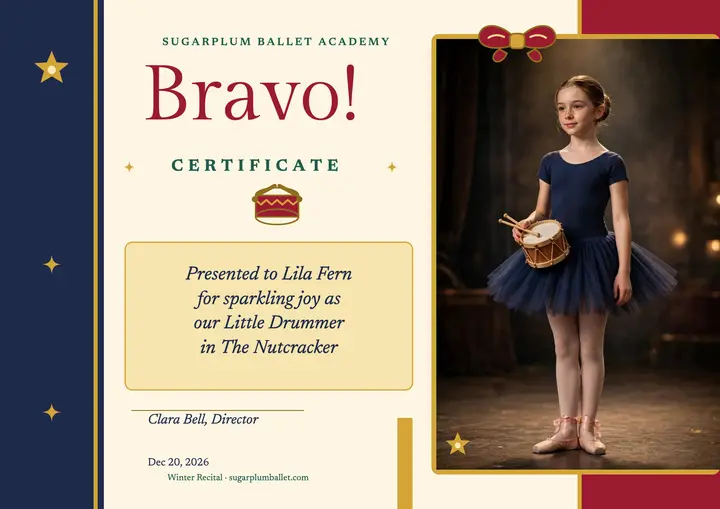 Nutcracker ballet certificate, young dancer: ballet certificate template