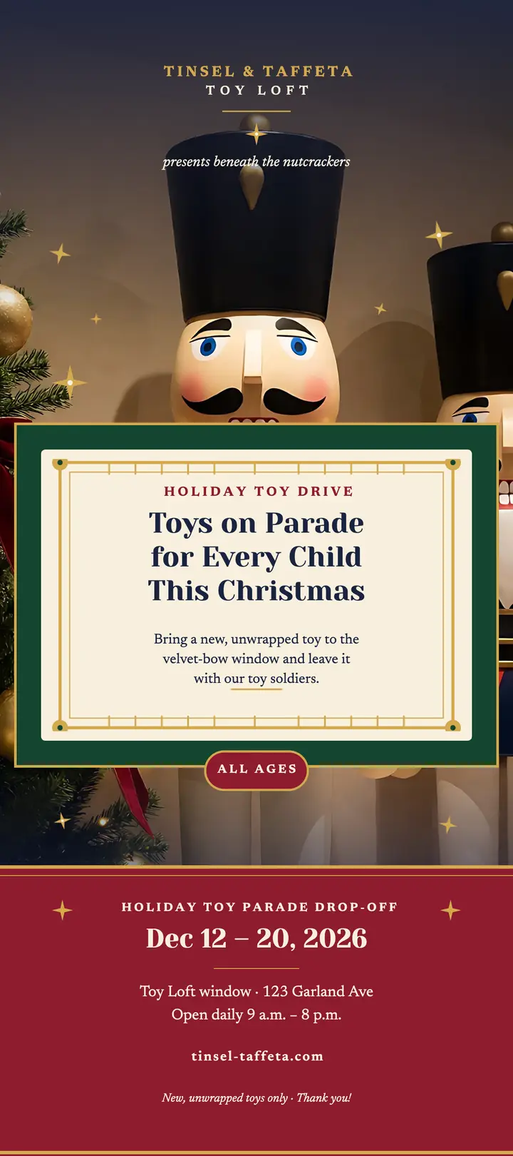 Nutcracker holiday toy drive rack card template