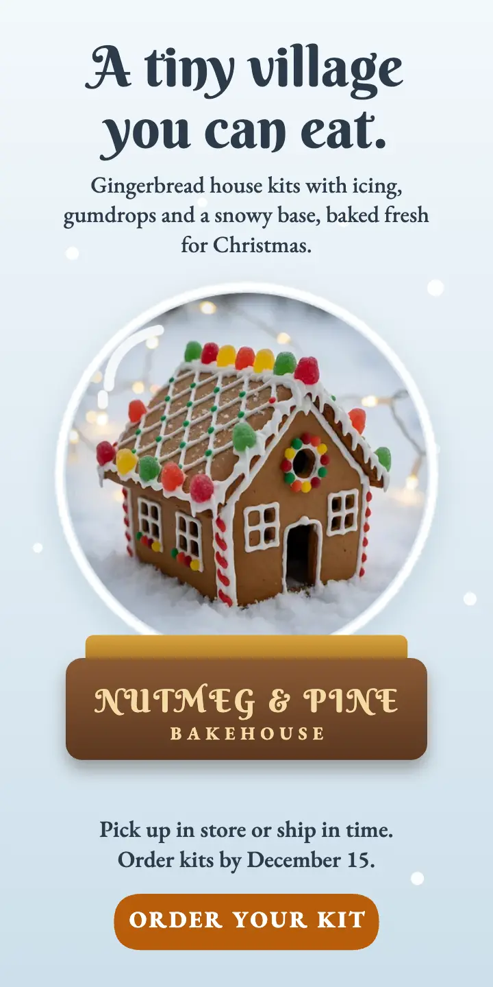 Gingerbread house kit half page ad, snow globe template