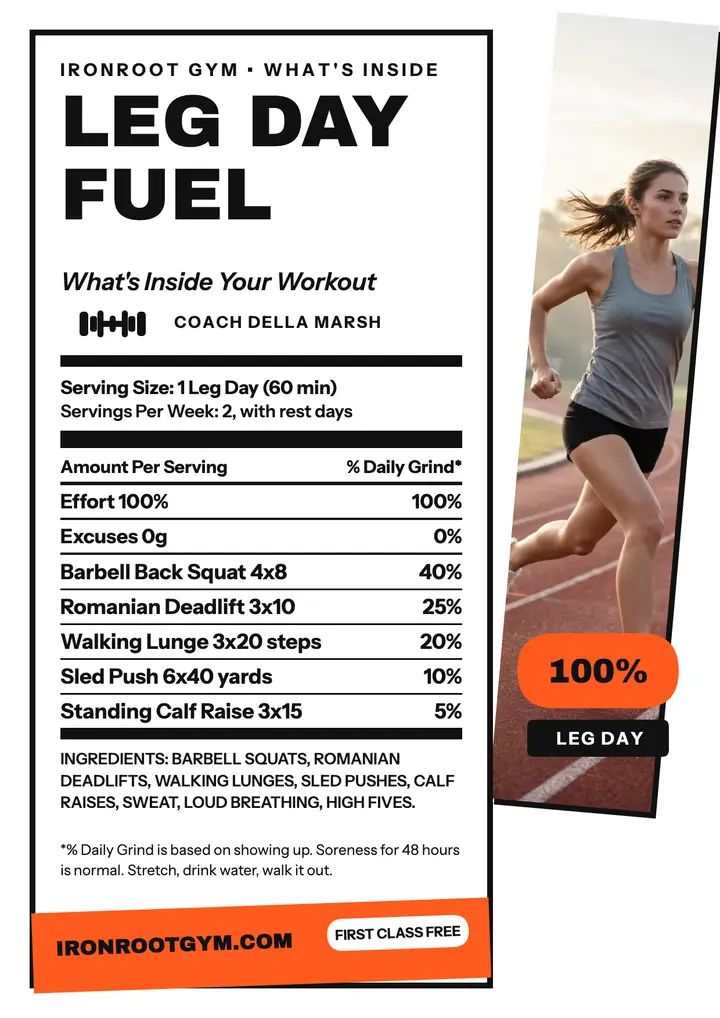 Ironroot Gym leg day fuel flyer template