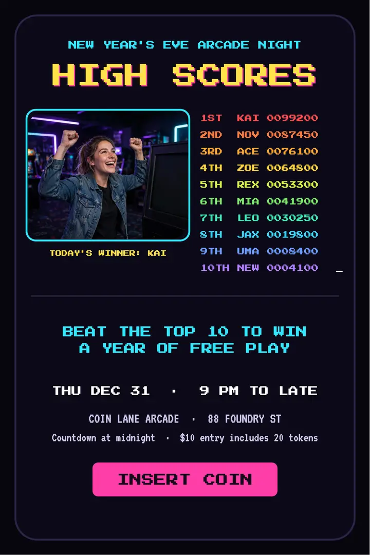 Coin Lane New Year's Eve arcade poster template