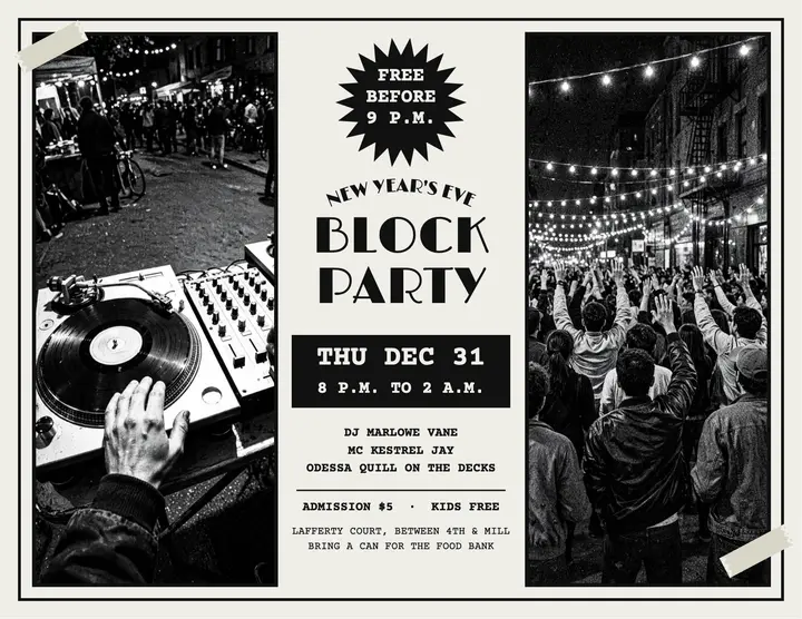 NYE block party flyer, 70s photocopy template