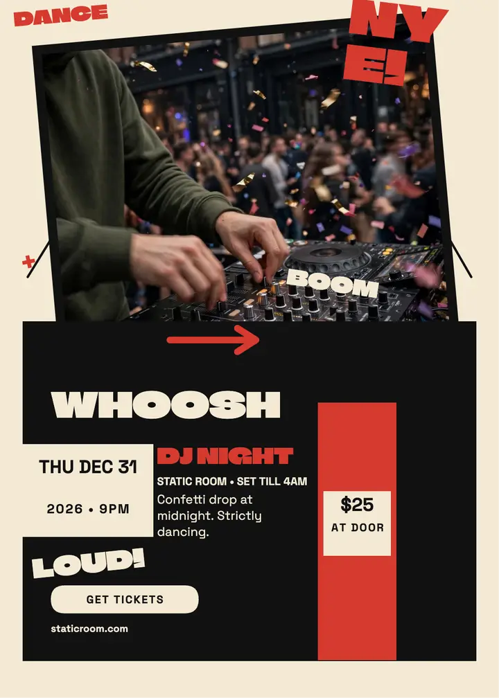 Static Room NYE DJ night burst invitation template