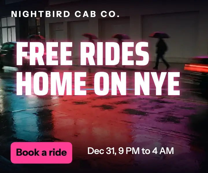 Nightbird New Year's Eve free rides neon noir ad template