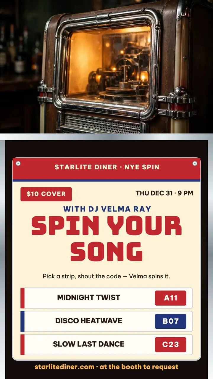 Starlite Diner NYE vinyl spin story: nye jukebox request story template