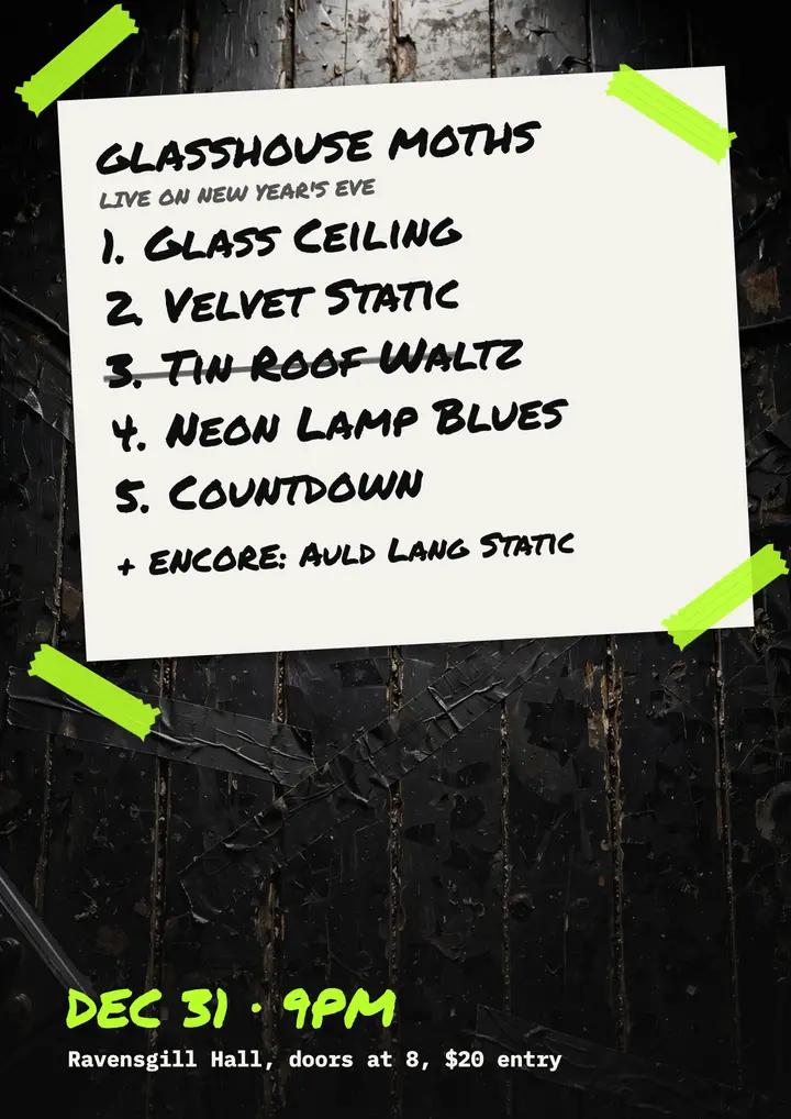 Glasshouse Moths NYE show setlist flyer template