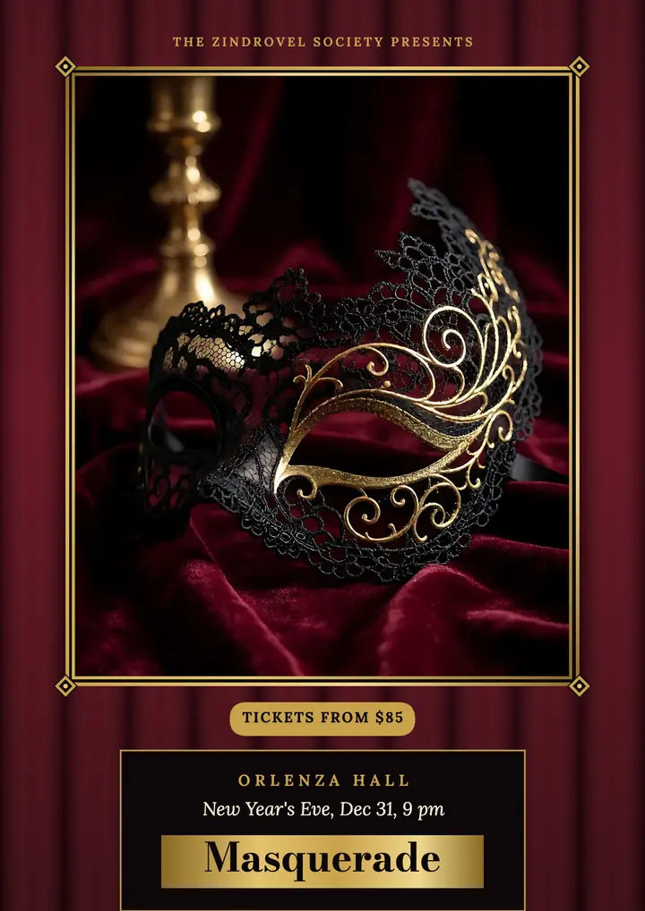 New Year's Eve masquerade ball flyer, opera house template