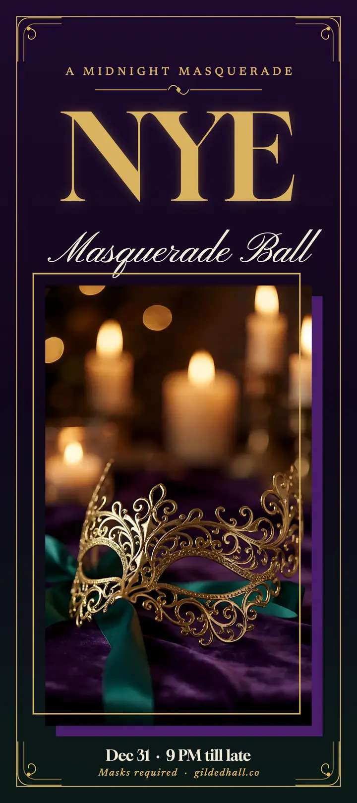 Gilded Hall midnight masquerade: new year's eve masquerade ball rack card template