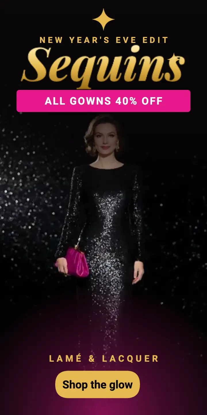 New Year's Eve sequin gown sale half-page ad, 80s luxe template