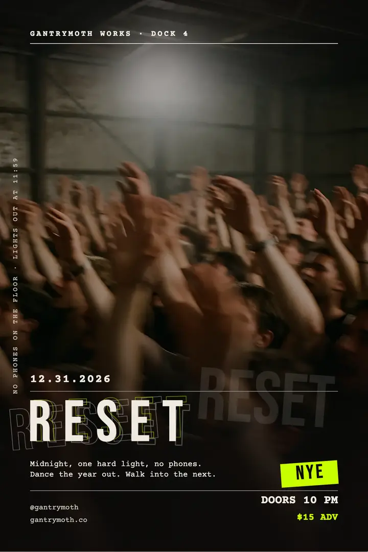 RESET New Year's Eve warehouse party poster, 90s grunge template