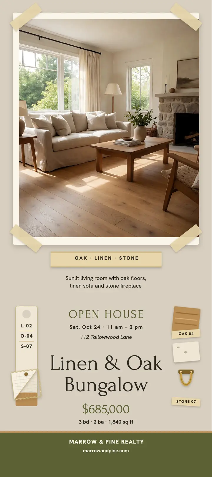 Linen and Oak bungalow open house rack card template