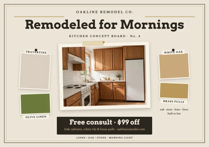 Oakline kitchen remodel sample board: kitchen remodel consult promo template