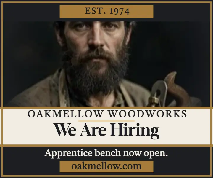 Oakmellow Woodworks hiring tintype ad template