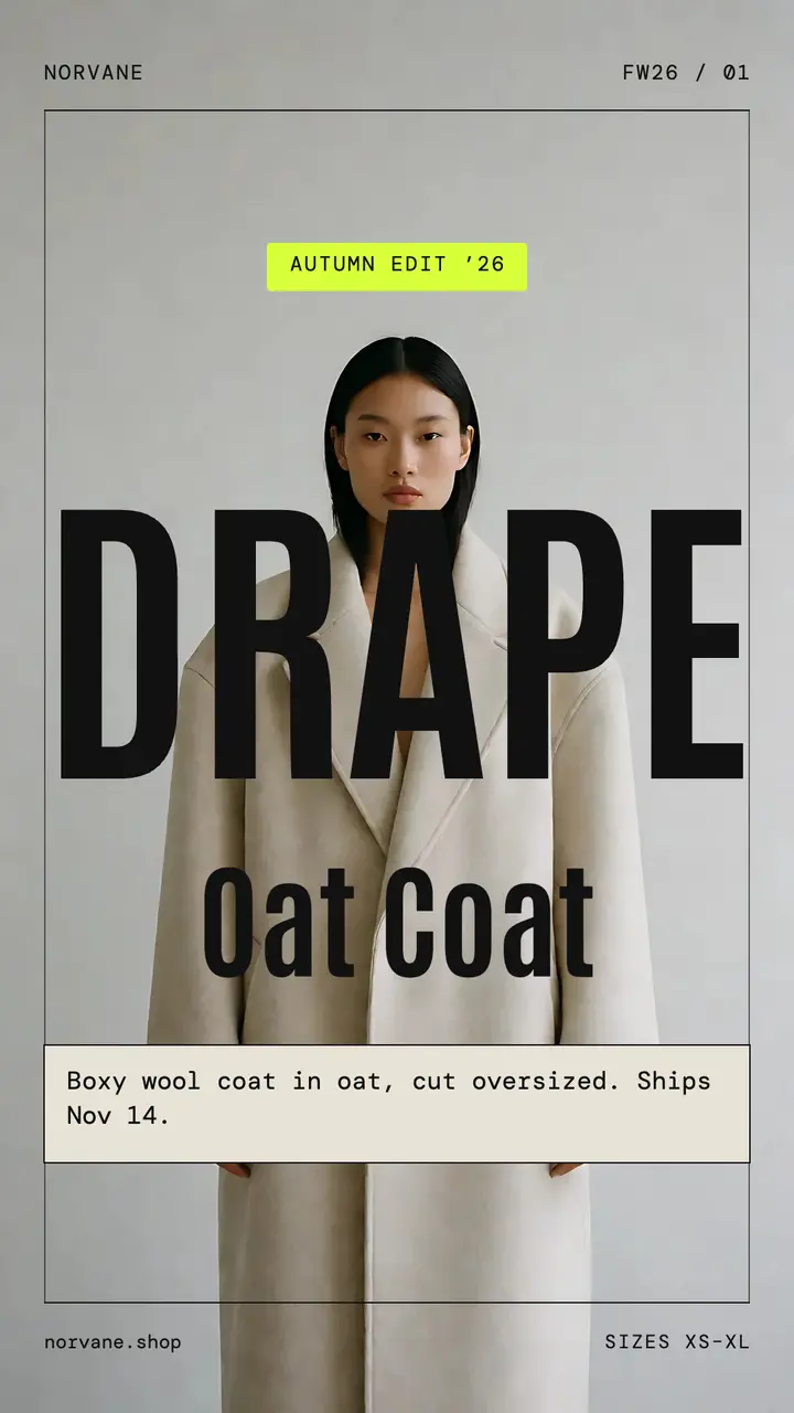 Oat wool coat drop story, soft brutalist template