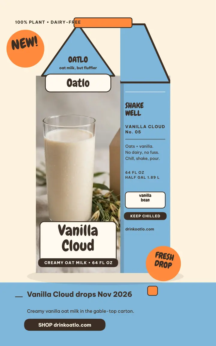 Oatlo Vanilla Cloud oat milk launch cover: oat milk launch cover template