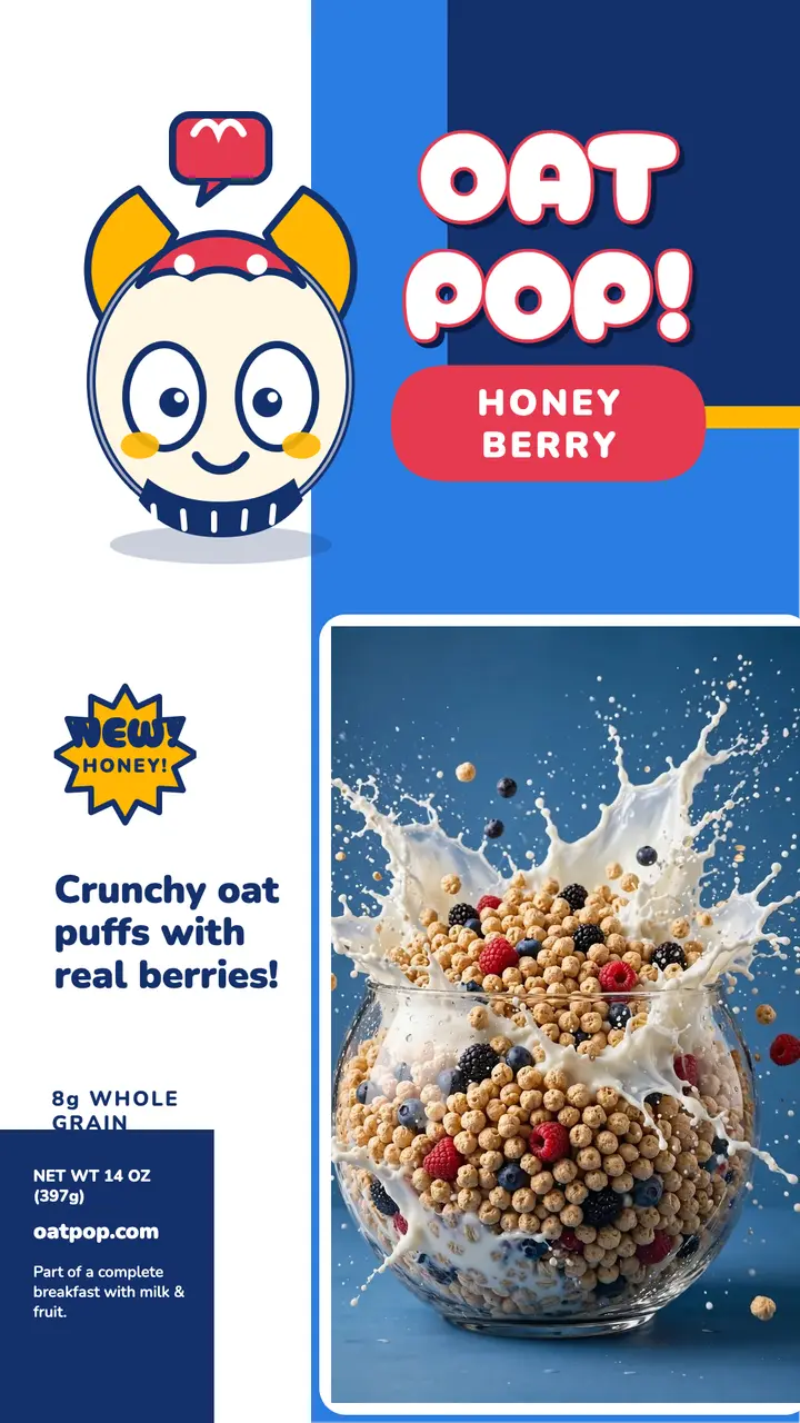Oatpop Honey Berry cereal box story template