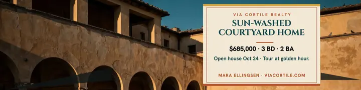 Via Cortile ochre courtyard home banner: real estate banner template
