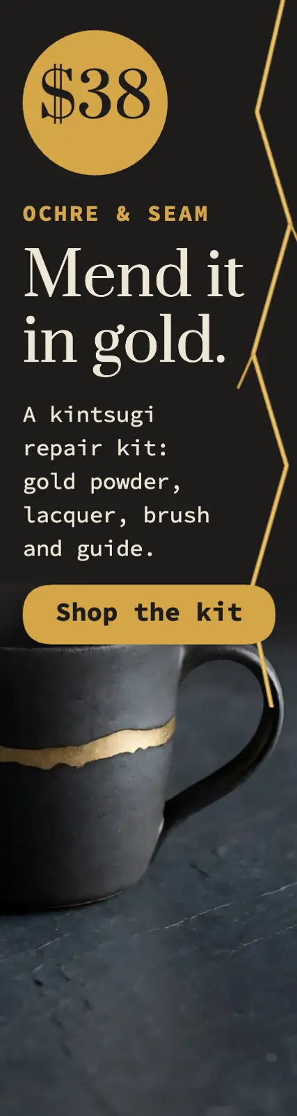 Ochre & Seam kintsugi repair kit ad, gold seams template