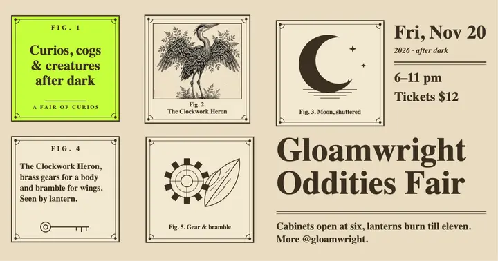 Gloamwright Oddities Fair engraving collage post: oddities fair event post template
