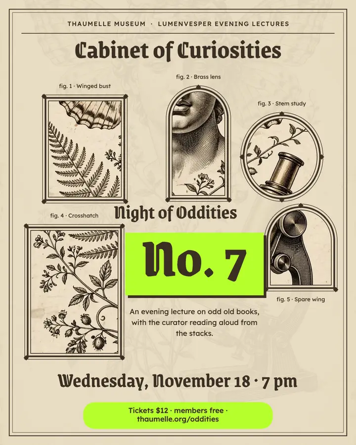 Cabinet of curiosities evening lecture, engraving collage template