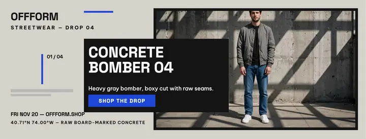 Offform concrete bomber drop cover: streetwear drop facebook cover template