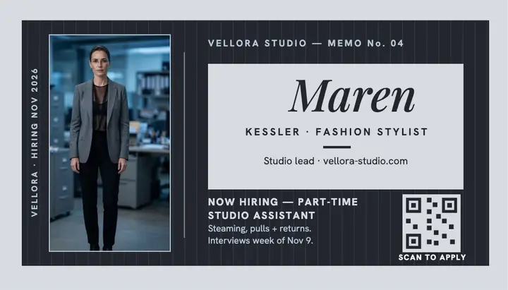 Vellora Studio stylist hiring card template