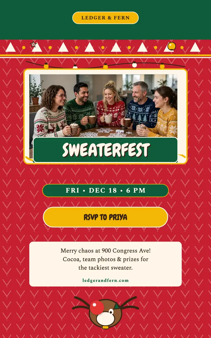 Ledger and Fern ugly sweater party cover template