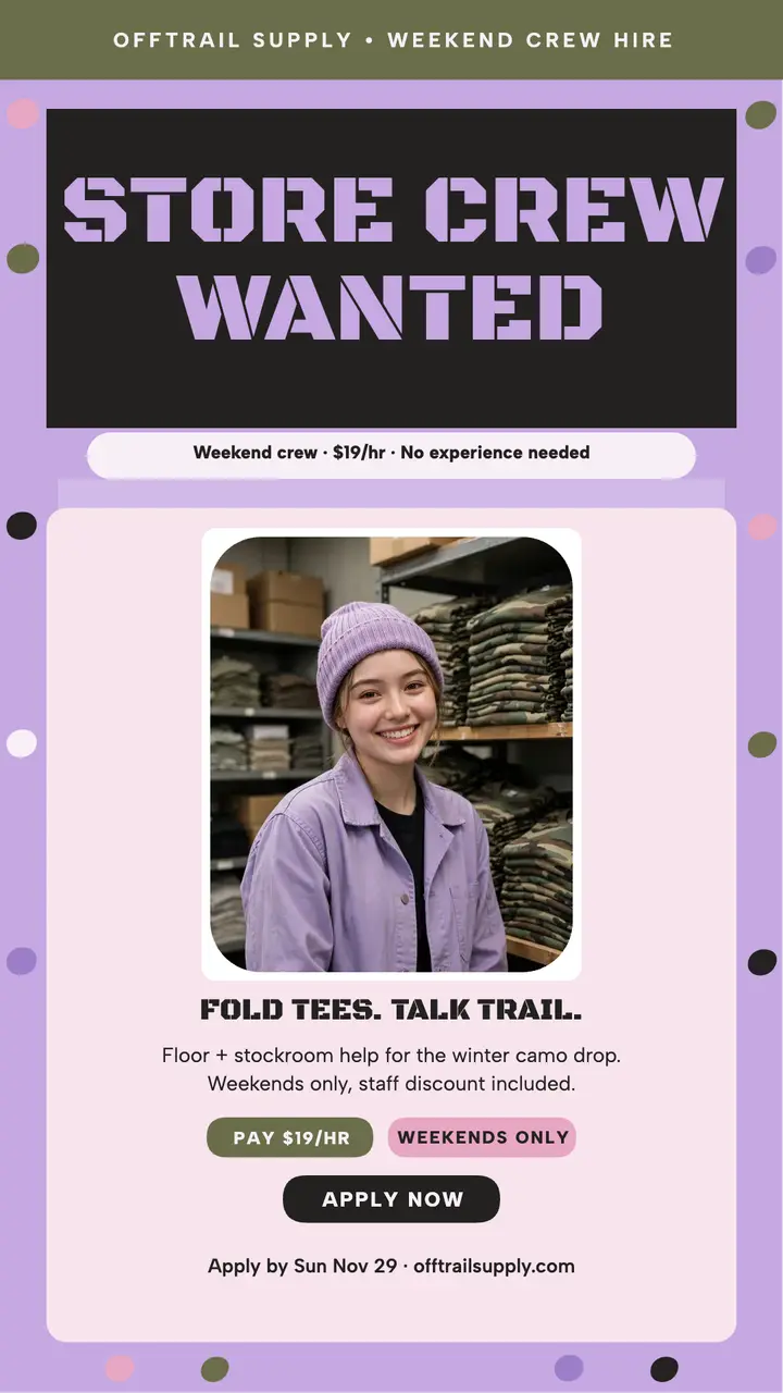 Offtrail Supply camo crew hiring story template