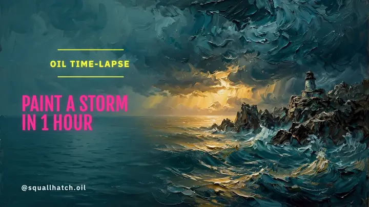 Oil painting storm time-lapse thumbnail, neon over oil template