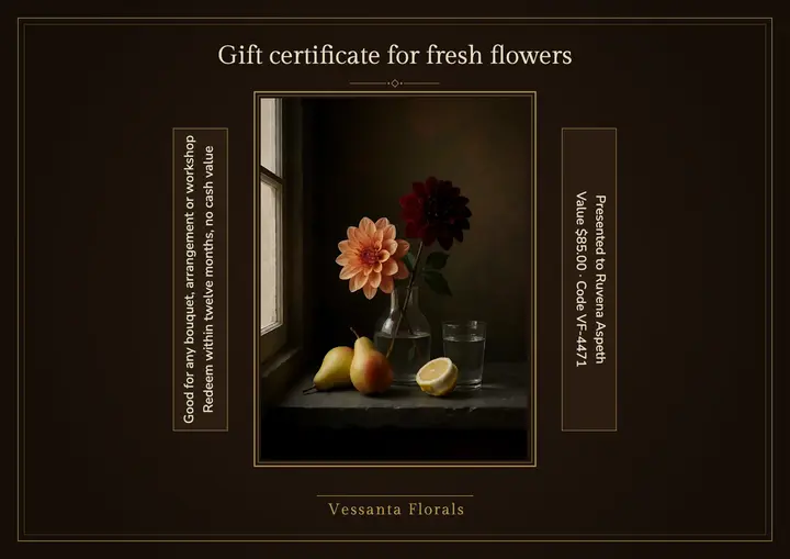 Vessanta Florals gift certificate, Old Masters still life template