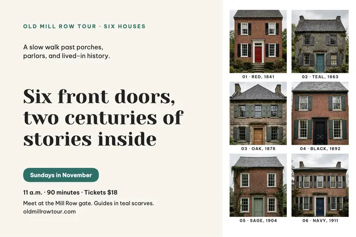 Old Mill Row doors walking tour postcard template