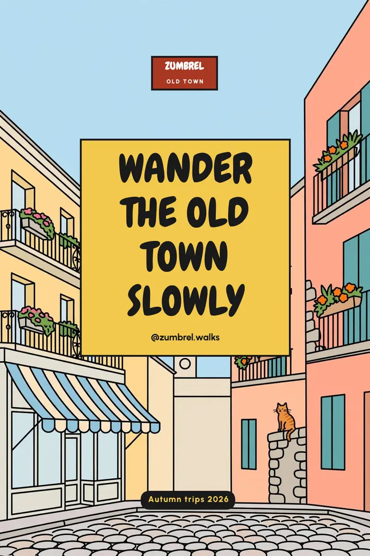 Old town walk travel poster, clear-line comic template
