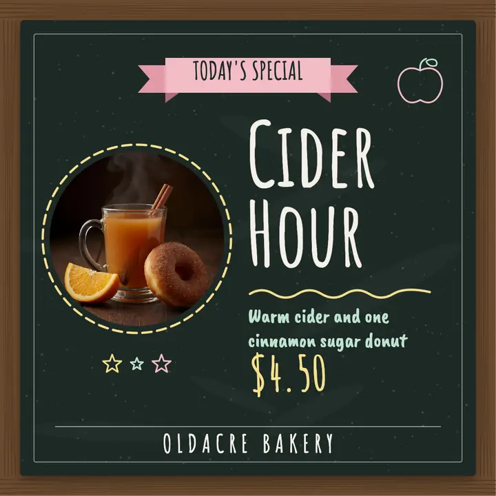Oldacre Bakery cider donut special, chalkboard menu: bakery daily special post template