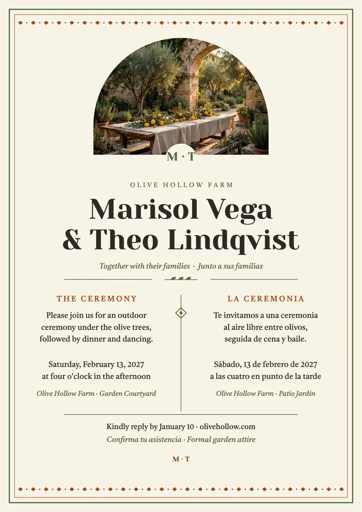 Olive grove bilingual wedding flyer template
