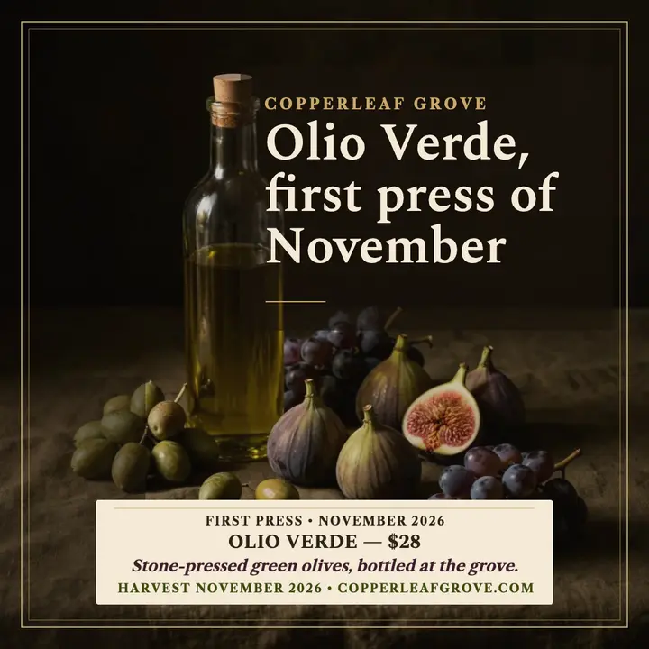 Copperleaf Grove olive oil still life post template