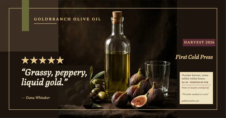 Goldbranch olive oil still life review template