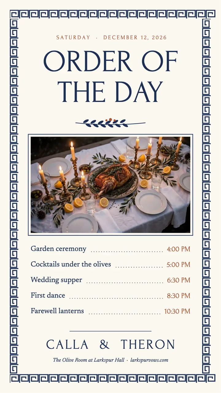 Calla and Theron wedding order of the day story template