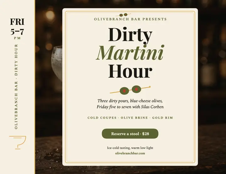Olivebranch dirty martini hour flyer template